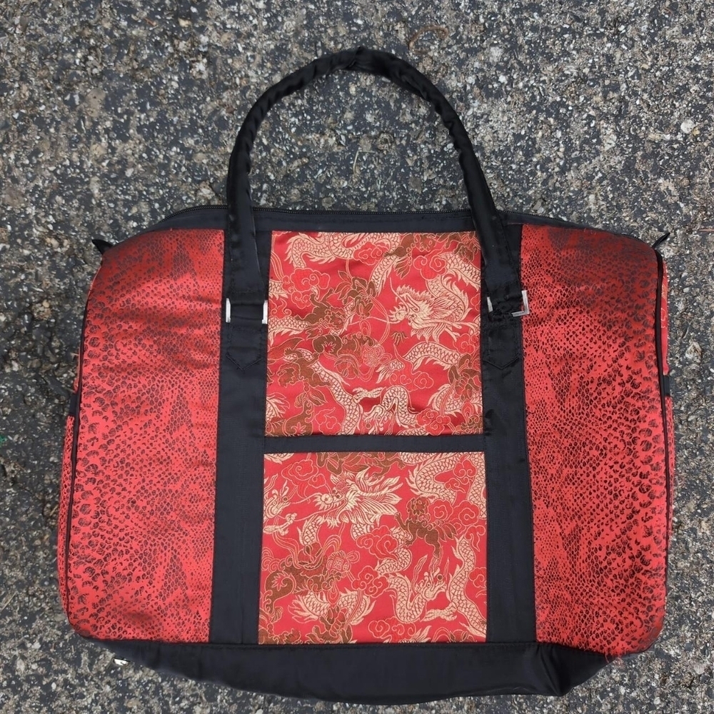 Red, black, & gold, Vintage Satin Dragon Print Tote Over Night Bag XL